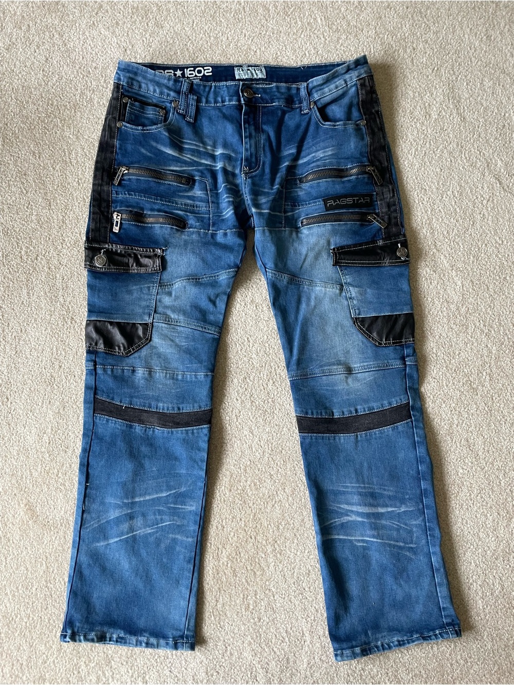 NWOT Ragstar 1602 Moto Cargo Jeans Sz 38 Multi-Zip Biker Distressed Denim Pants
